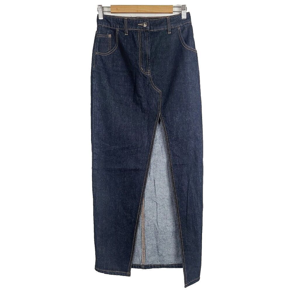 NEW Lioness Denim Jean Skirt XS Blue Dark Wash High Slit Straight‎ Maxi